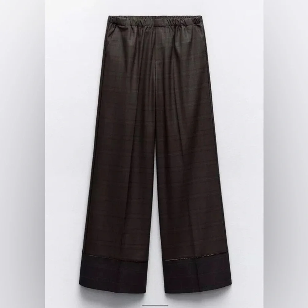 Zara Wide Leg Plaid Pants in Dark Brown - Picture 1 of 5